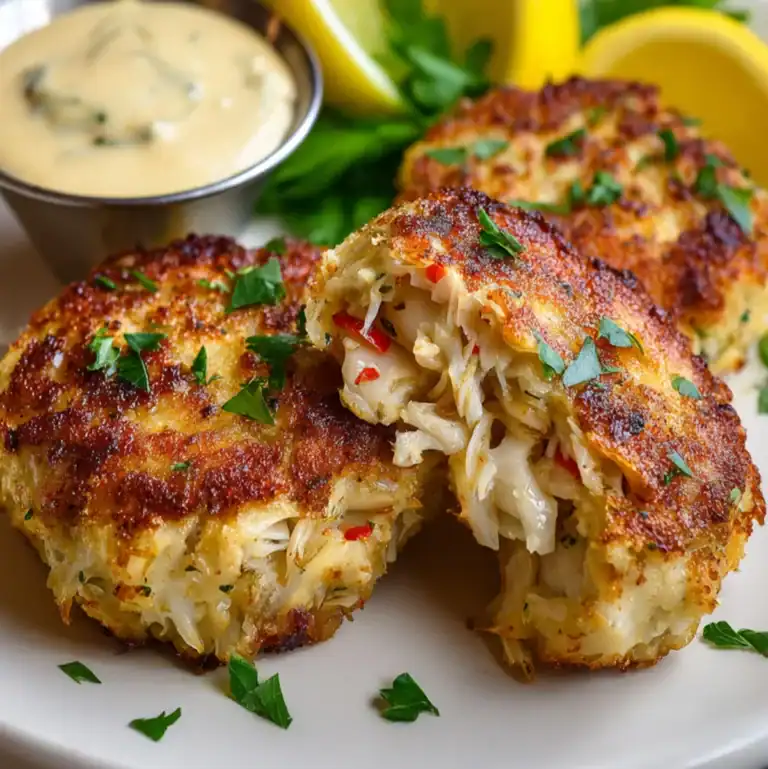 Traditional Maryland crab cakes with fresh parsley and lemon.
