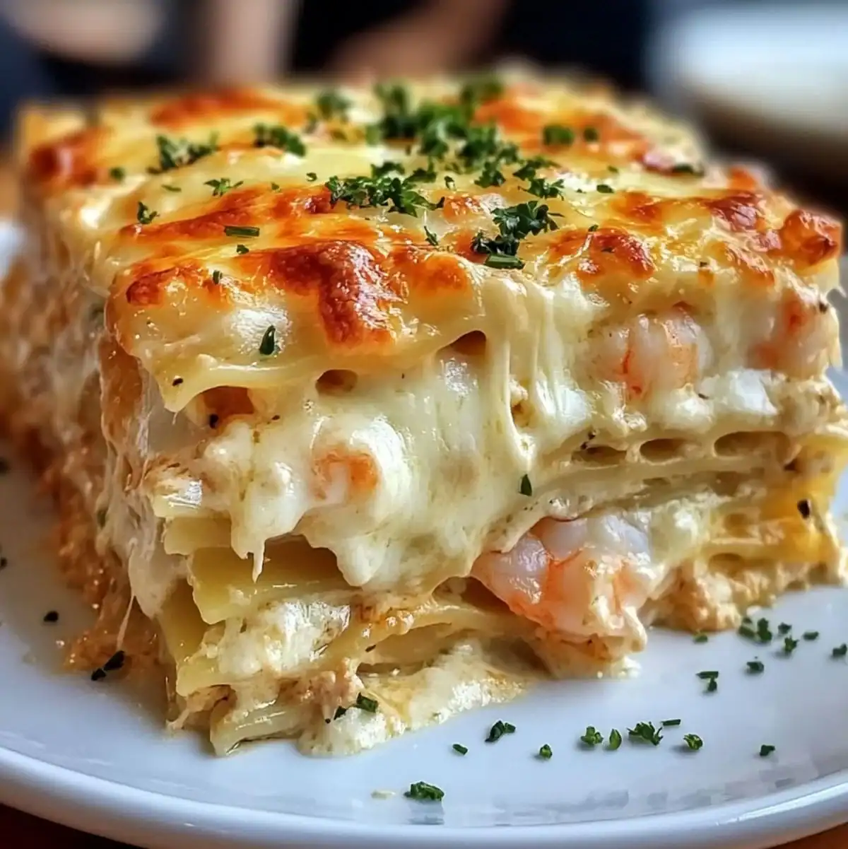 Creamy seafood lasagna with shrimp and white sauce