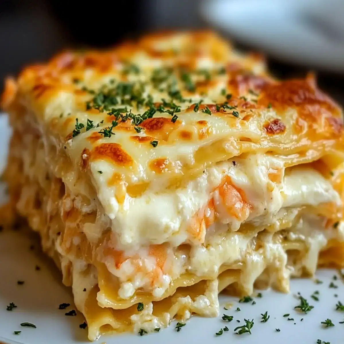 Close-up of cheesy shrimp lasagna recipe with creamy layers