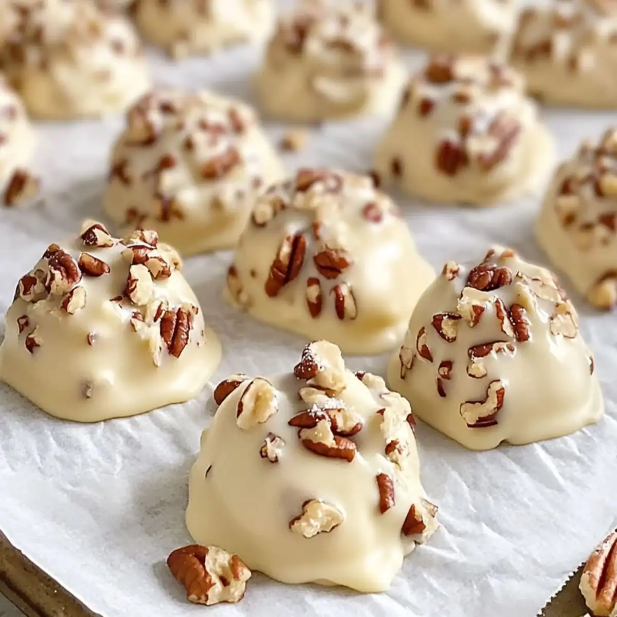 Southern Vanilla Pecan Pralines | Easy Candy Recipe 55 Southern Vanilla Pecan Pralines on parchment paper with chopped pecans