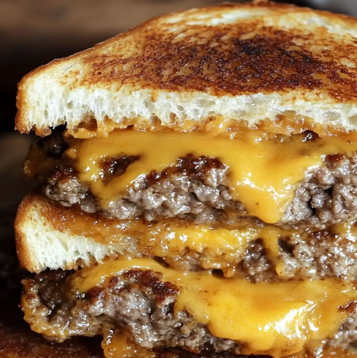 The Best Patty Melt Ever with a Special Sauce Twist 67 A stack of grilled cheese sandwiches with cheese on top.