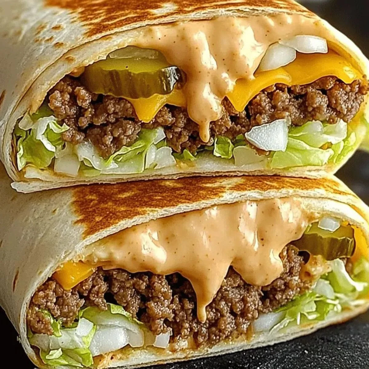 Big Mac Snack Wraps on a plate with lettuce, pickles, and melted cheese wrapped in a soft tortilla.