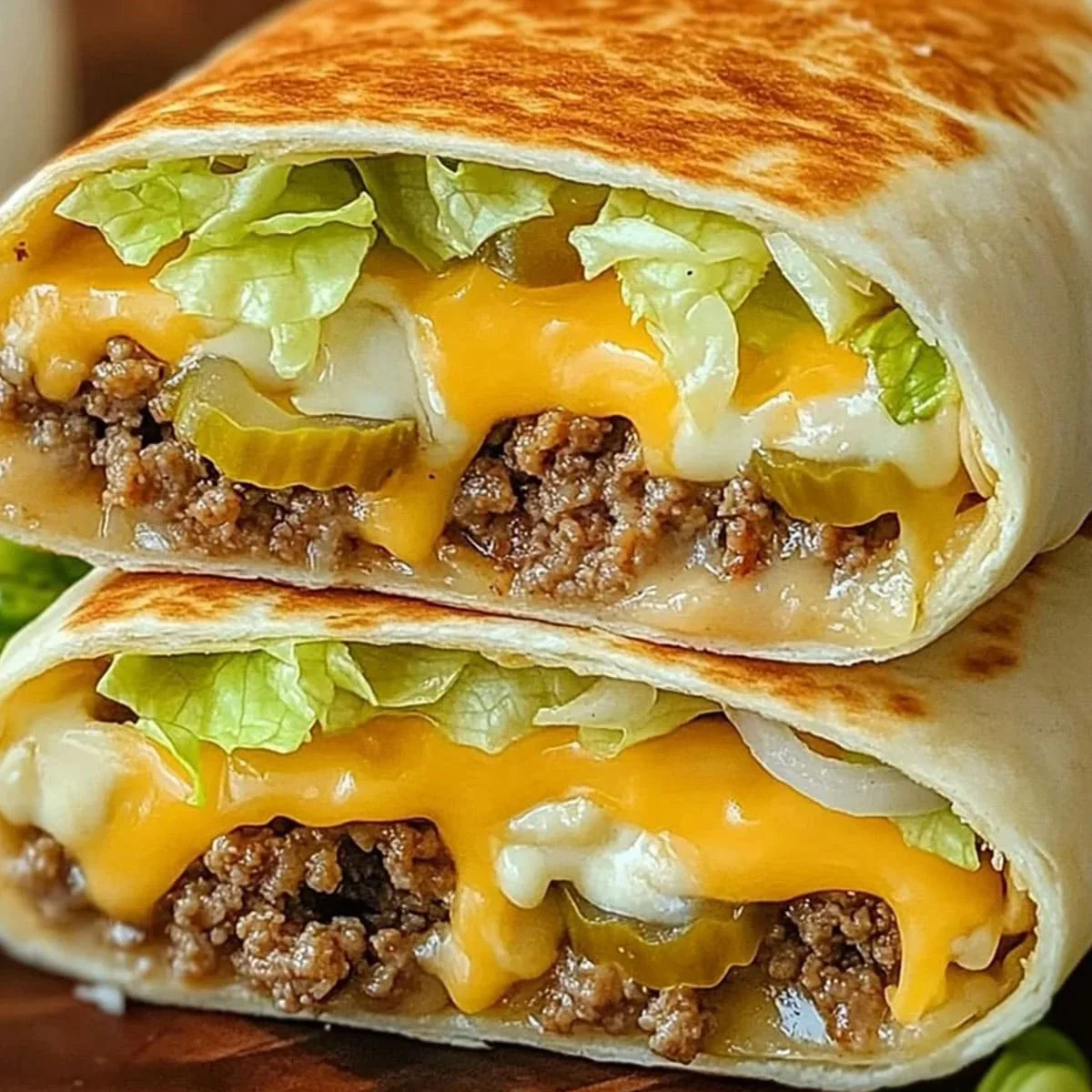 Big Mac Snack Wraps on a plate with lettuce, pickles, and melted cheese wrapped in a soft tortilla.