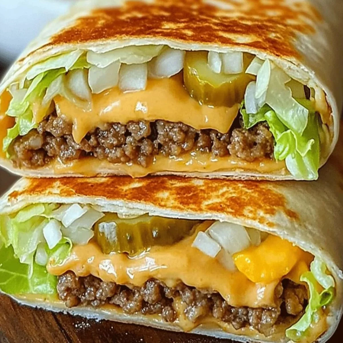 Big Mac Snack Wraps on a plate with lettuce, pickles, and melted cheese wrapped in a soft tortilla.