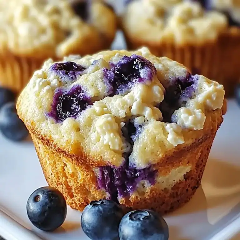 Blueberry cottage cheese muffin close-up with fresh blueberries