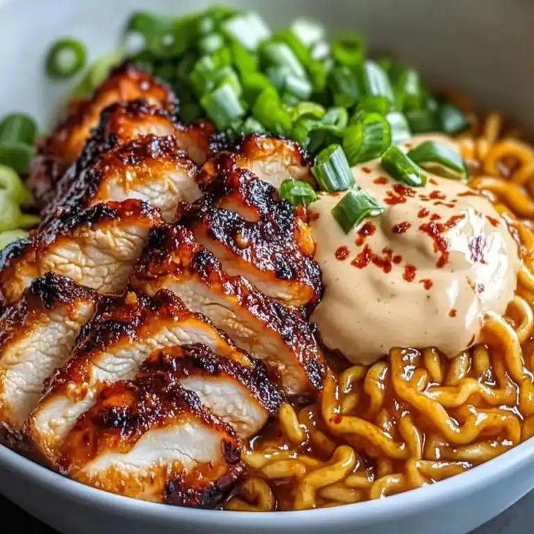 Spicy chicken ramen bowl with creamy sauce and green onions