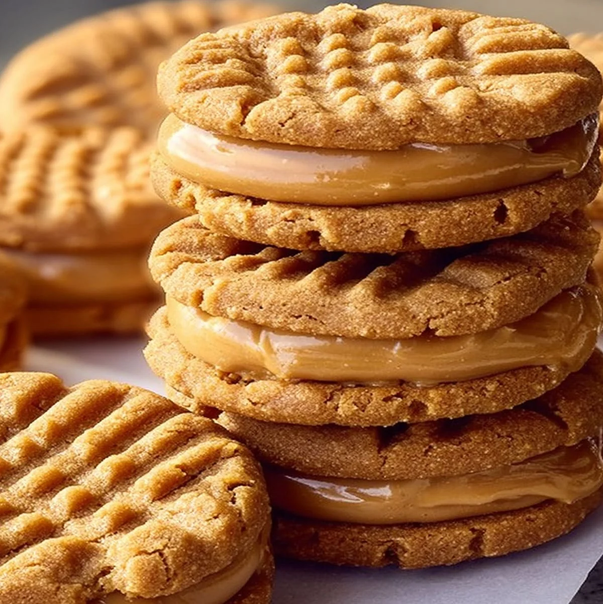 Easy Air Fryer Peanut Butter Cookies Recipe 79 Stacked homemade peanut butter cookies with filling