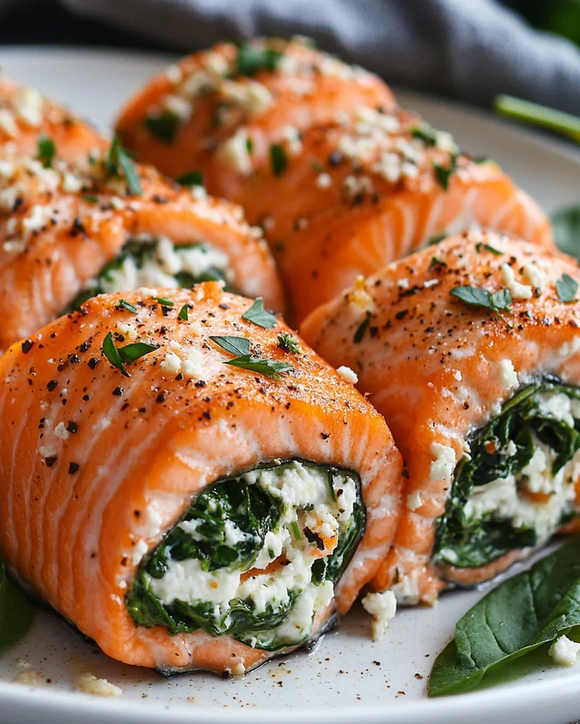 Spinach & Feta Stuffed Salmon Pinwheels | Easy Dinner Recipe