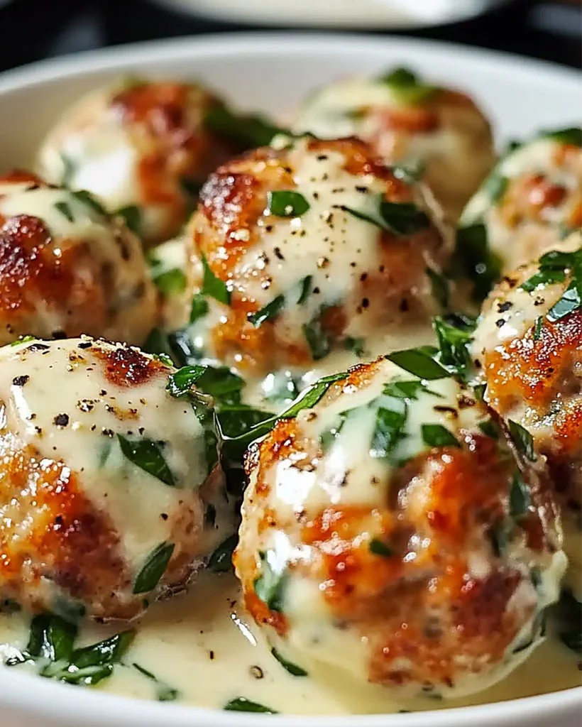 Chicken Ricotta Meatballs with Spinach Alfredo Sauce - Easy Recipe