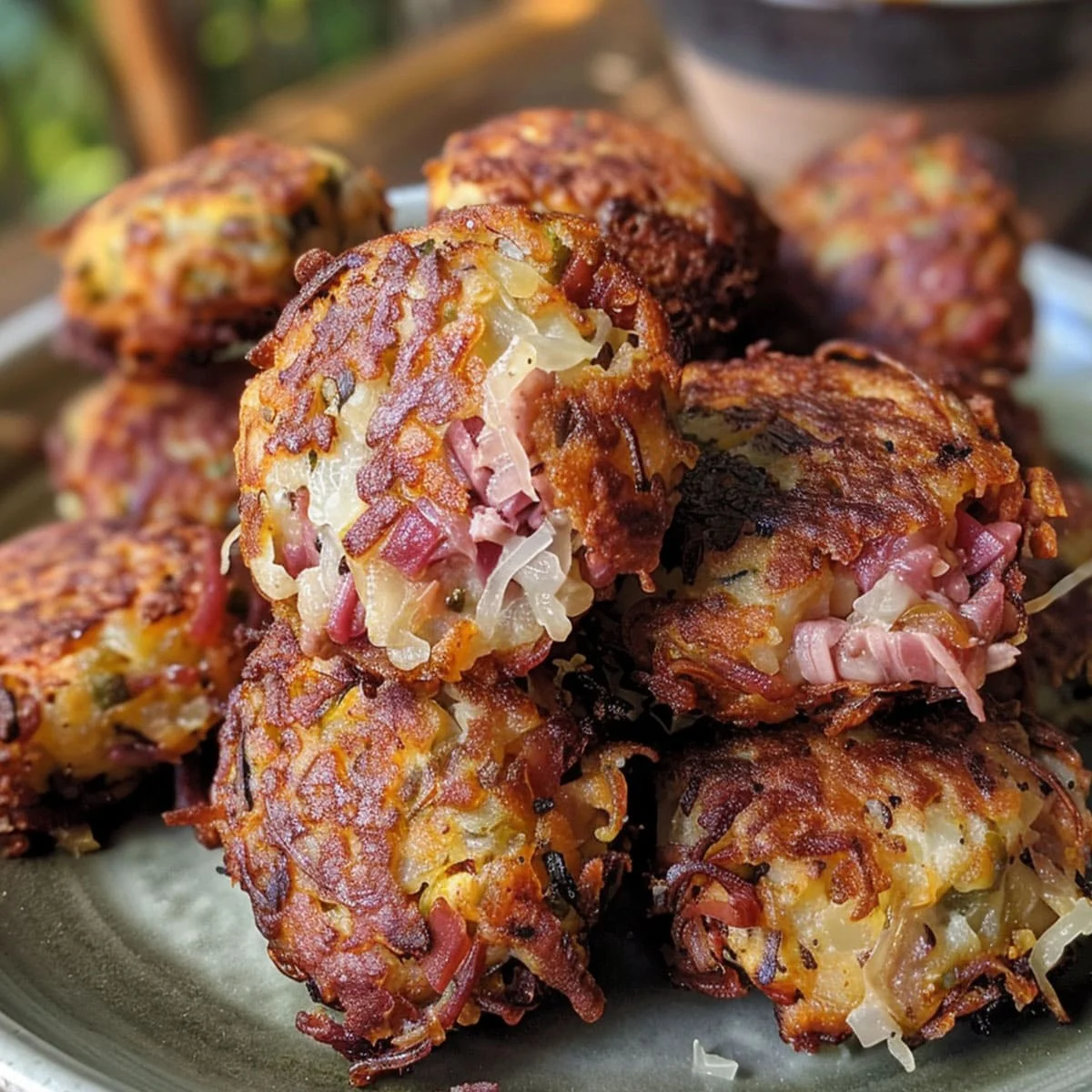 Reuben Fritters Recipe – Best Corned Beef Appetizer 56 Close-up of Reuben fritters with a crispy breadcrumb coating and dipping sauce on the side