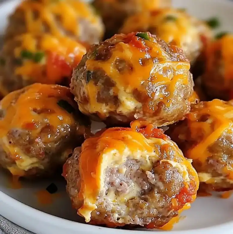 Cheesy Rotel sausage balls with golden baked crust