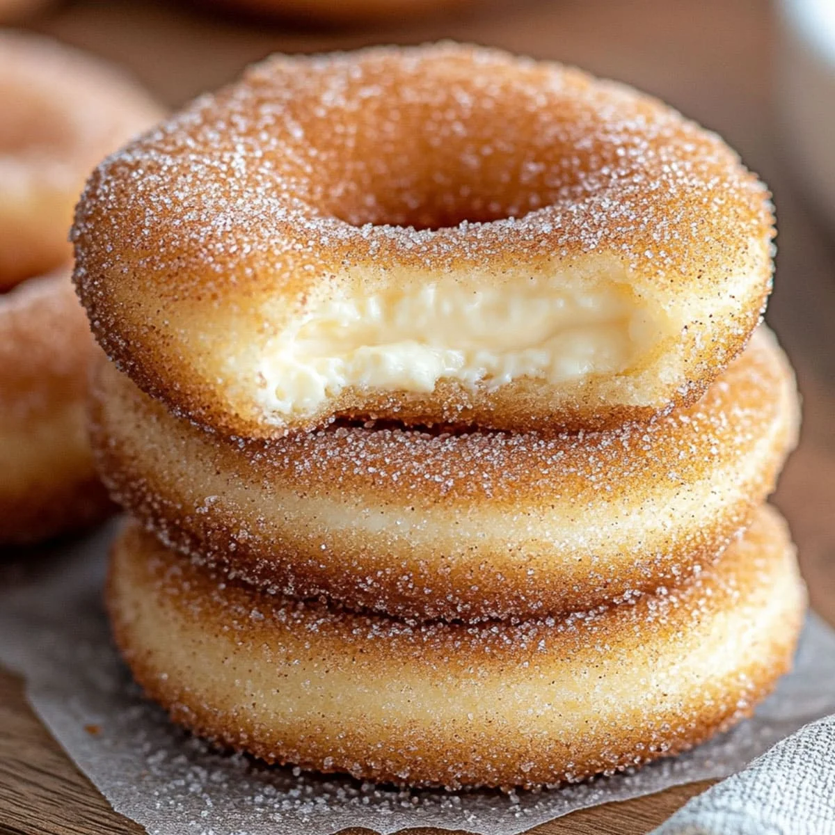 Churro Cheesecake Cookies – Easy Dessert Recipe Ideas 49 Close-up of churro cheesecake cookies with creamy centers, stacked on a plate and covered in cinnamon sugar.