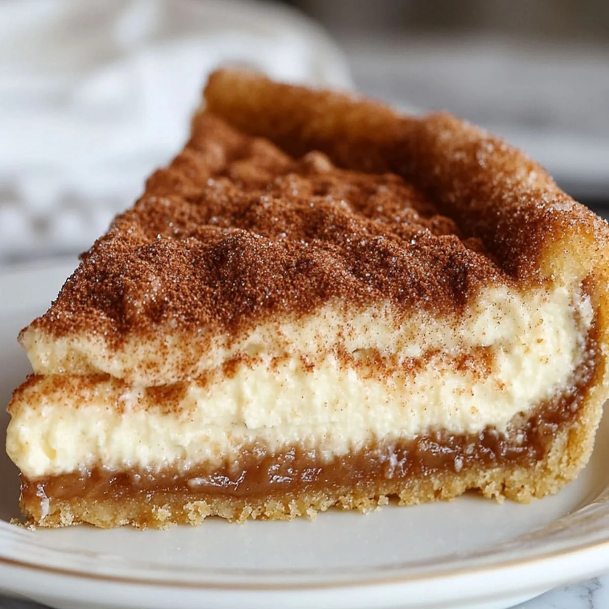 Slice of churro cheesecake showing creamy layers and cinnamon topping