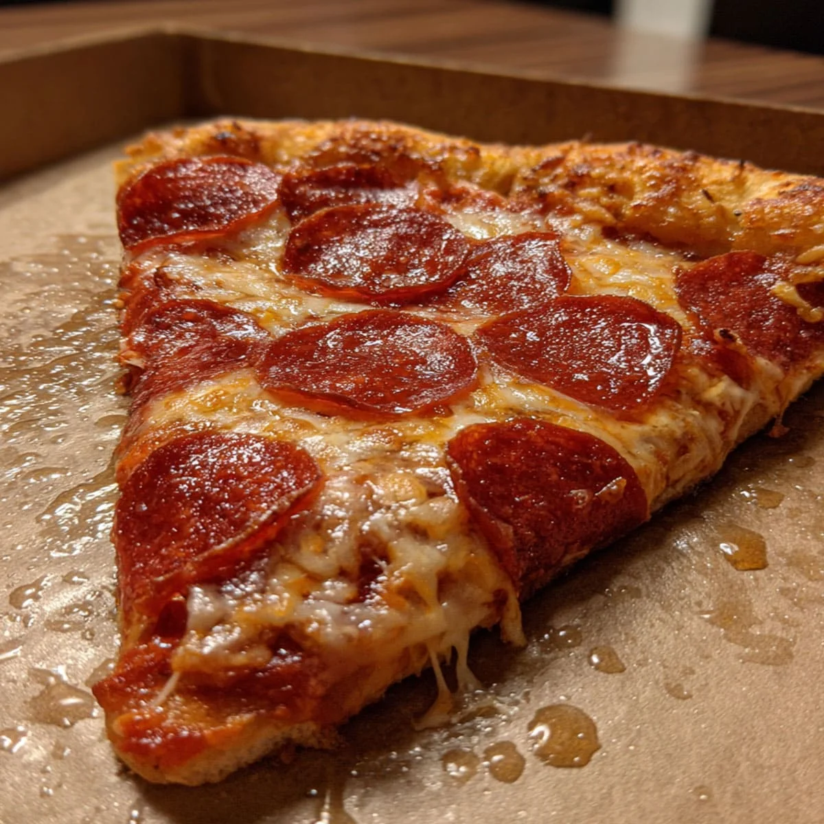 Close-up of Costco pepperoni pizza slice on cardboard tray