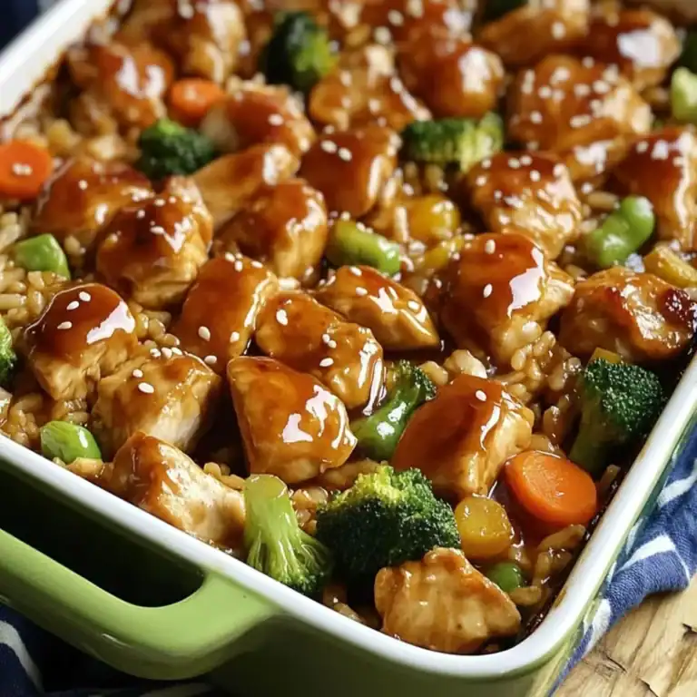 Teriyaki chicken casserole with rice and stir-fry vegetables in a baking dish