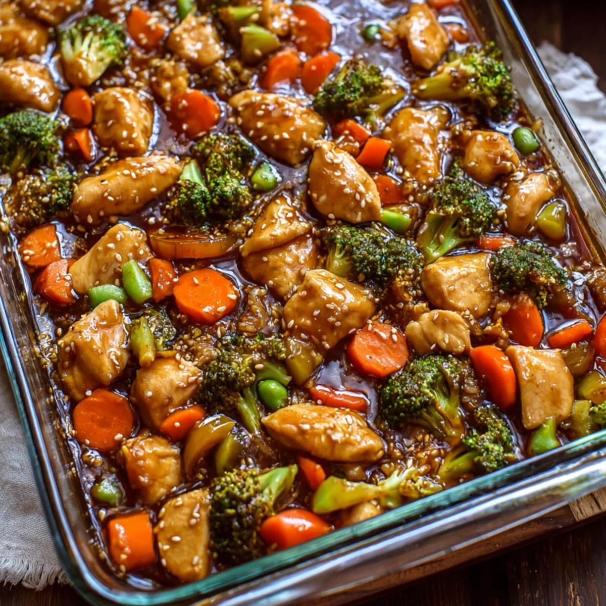 Teriyaki Chicken Casserole – Easy Family Dinner Idea 66 Teriyaki chicken casserole with broccoli, carrots, and sesame in a glass baking dish
