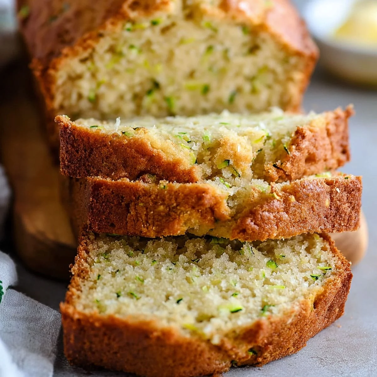 Keto Zucchini Bread Recipe | Low-Carb Snack Idea 70 Close-up of low-carb zucchini bread with golden crust and moist interior