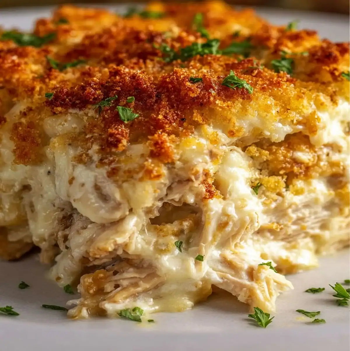 Easy Million Dollar Chicken Casserole served on a white plate