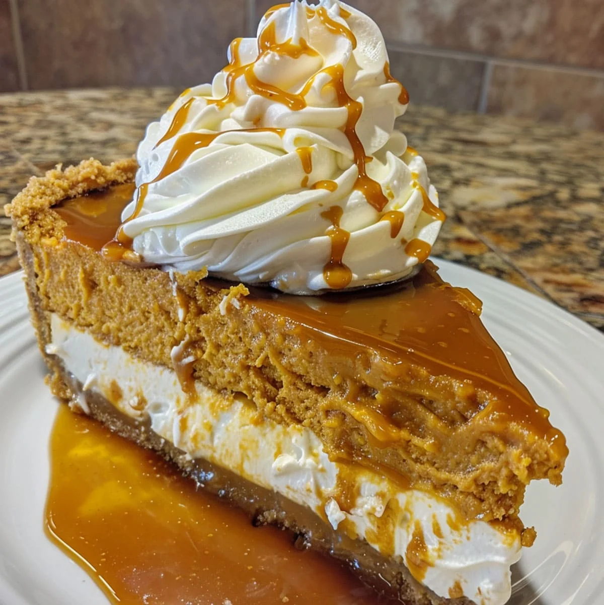Creamy Pumpkin Cheesecake – Easy Fall Dessert Idea 90 Close-up of creamy pumpkin cheesecake with caramel and whipped topping