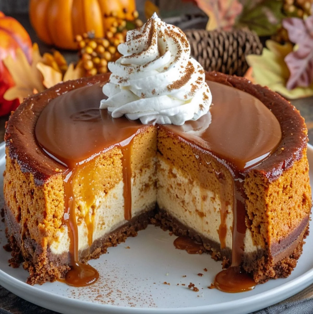 Creamy Pumpkin Cheesecake – Easy Fall Dessert Idea 91 Pumpkin and cream cheese layered cheesecake with whipped topping