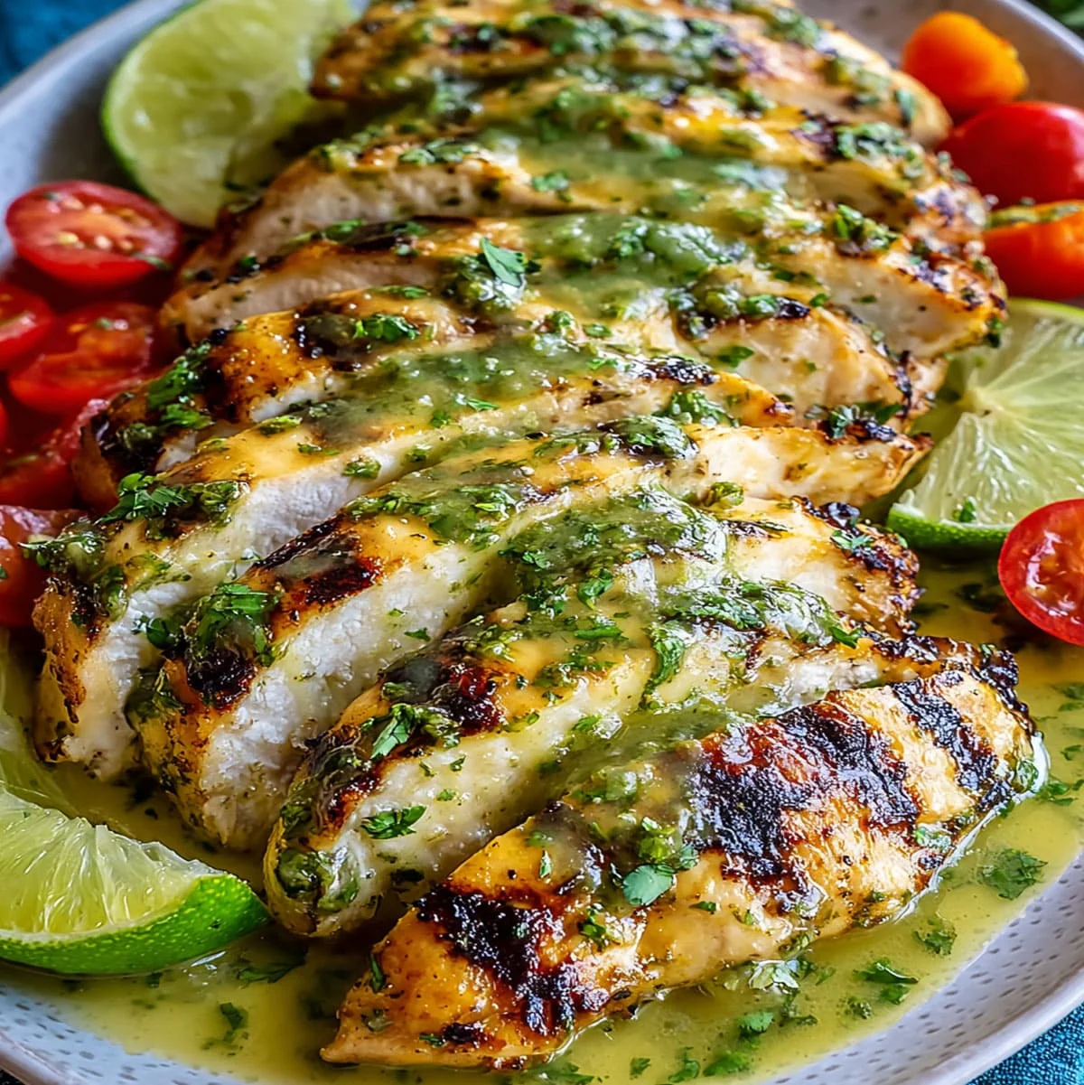 Salsa Verde Grilled Chicken | Cheesy Weeknight Dinner 64 Spicy pepper jack grilled chicken with salsa verde on a serving plate