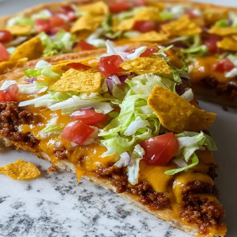 Slice of taco pizza topped with ground beef, melted cheese, lettuce, tomatoes, and crushed Doritos.
