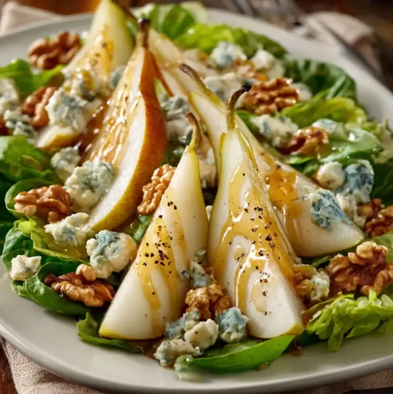 Pear and blue cheese salad with walnuts and fresh herbs on a white plate