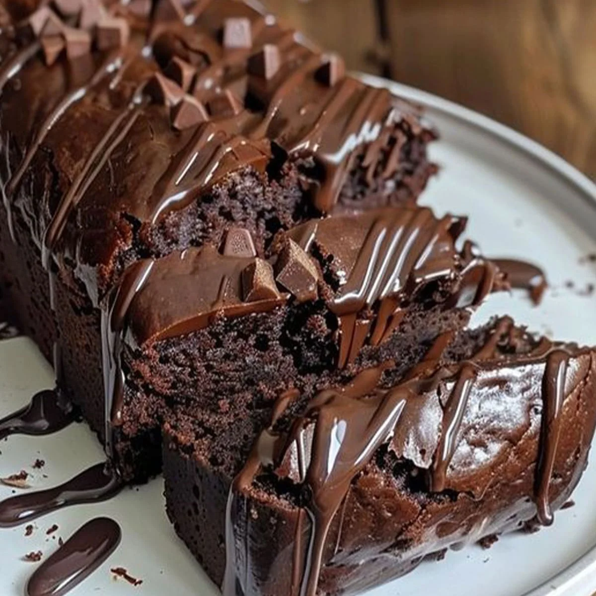 Irresistible Chocolate Loaf Cake 85 Chocolate loaf cake with melted ganache and dark chocolate chunks