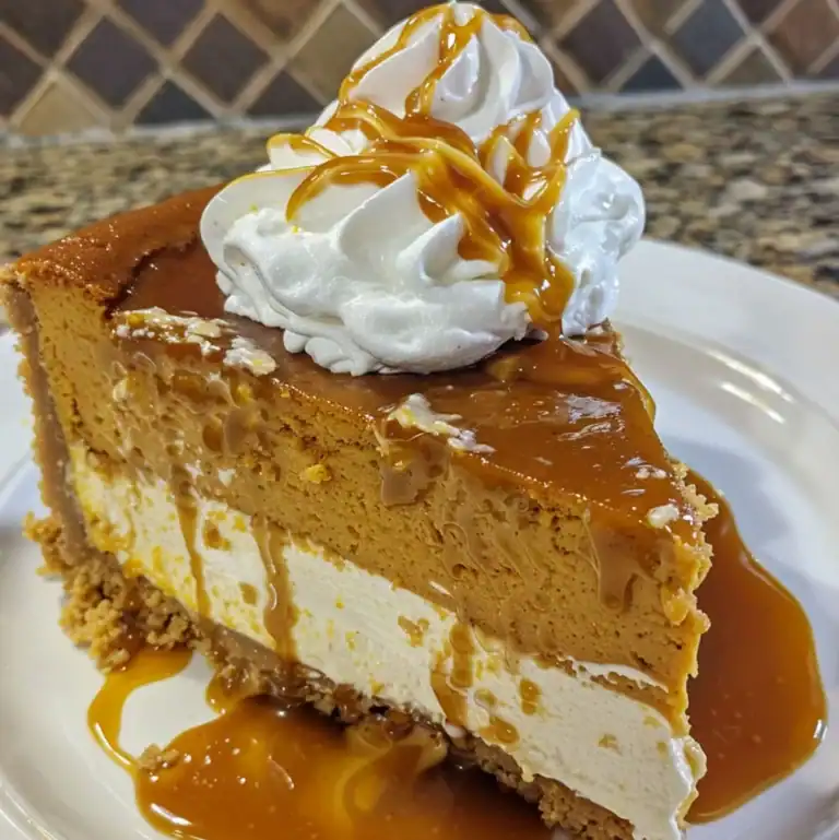 Pumpkin cheesecake slice topped with whipped cream and caramel drizzle
