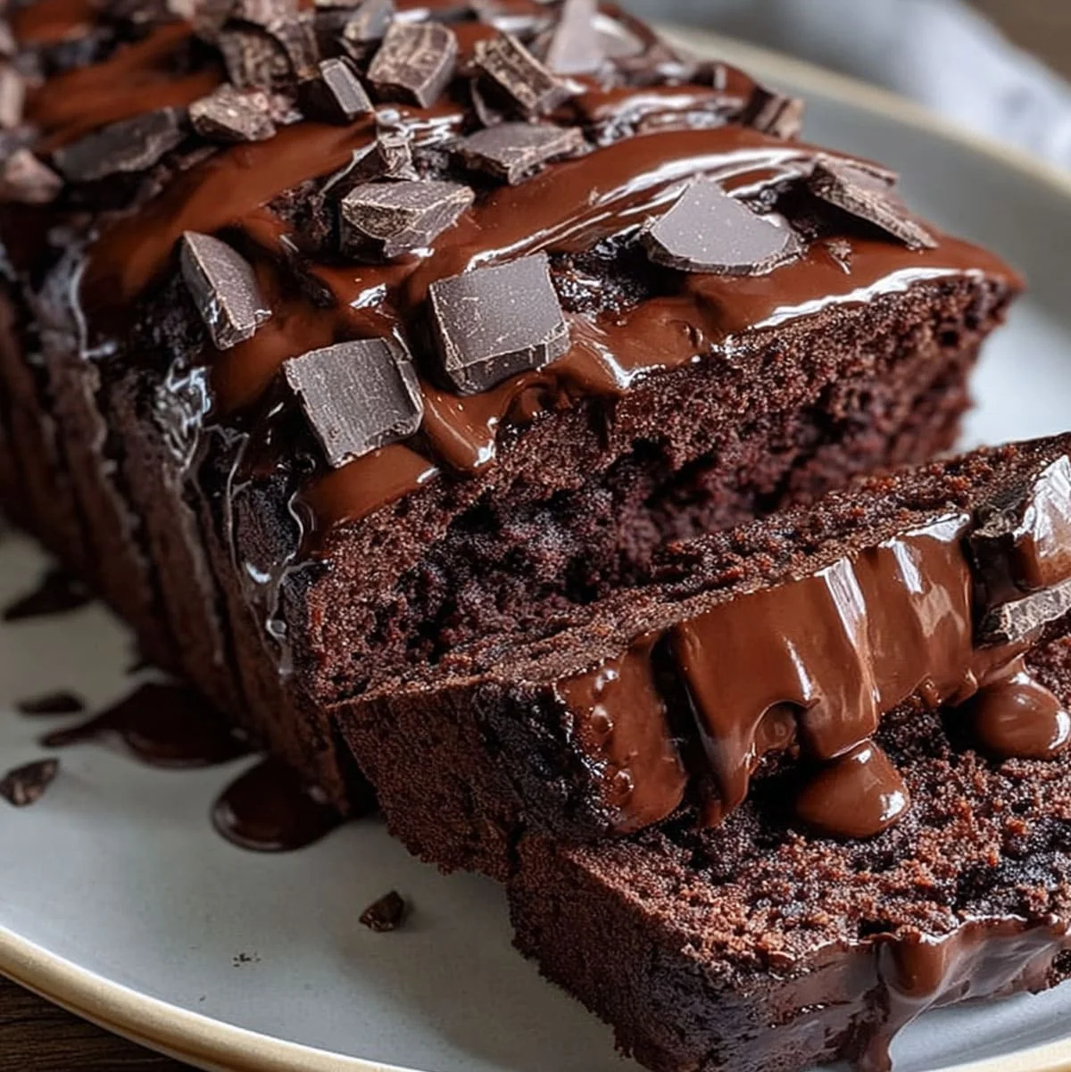 Irresistible Chocolate Loaf Cake 86 Moist chocolate loaf cake with ganache and dark chocolate chunks