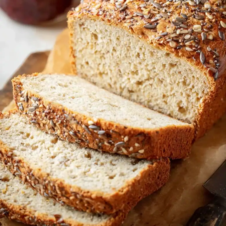 Keto bread loaf topped with seeds, sliced for meal prep