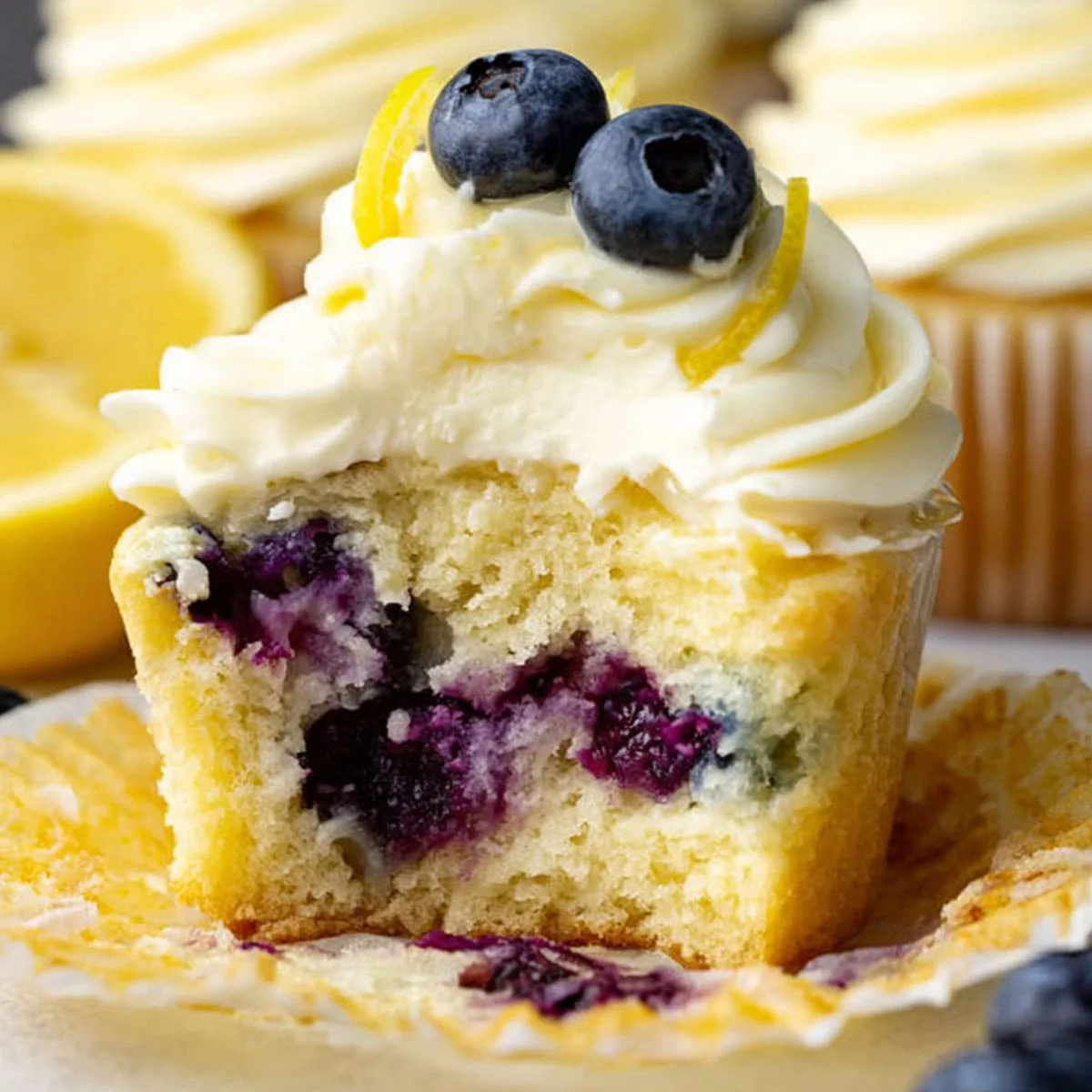 Close-up of moist lemon blueberry cupcake with cream cheese frosting and fresh fruit topping