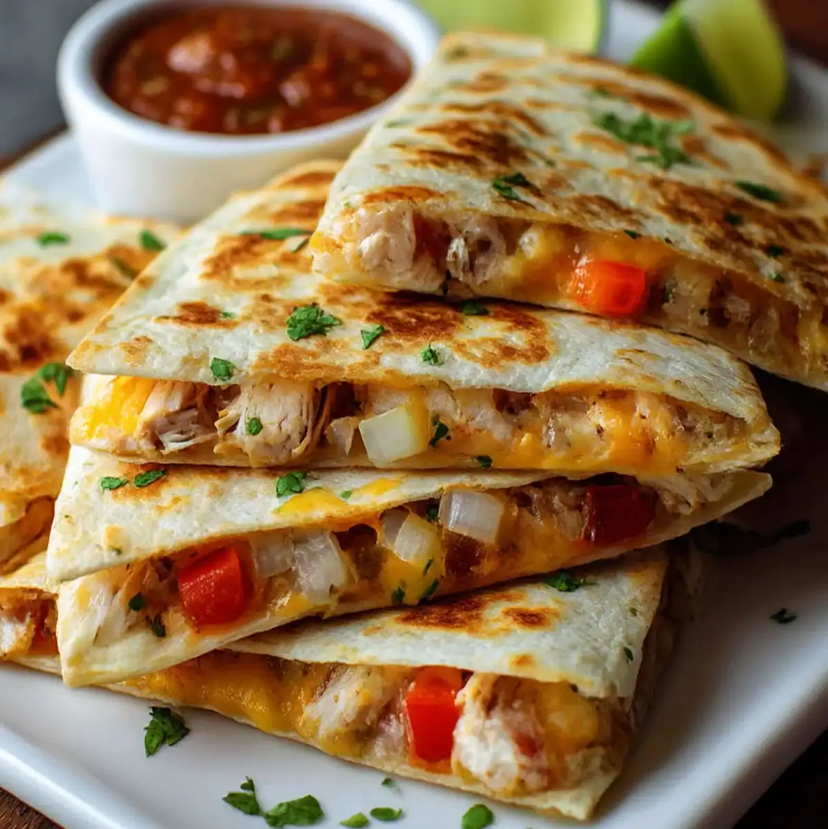 Cheesy Chicken Quesadilla – Ready in 20 Minutes 54 Chicken quesadillas with cheese and peppers.