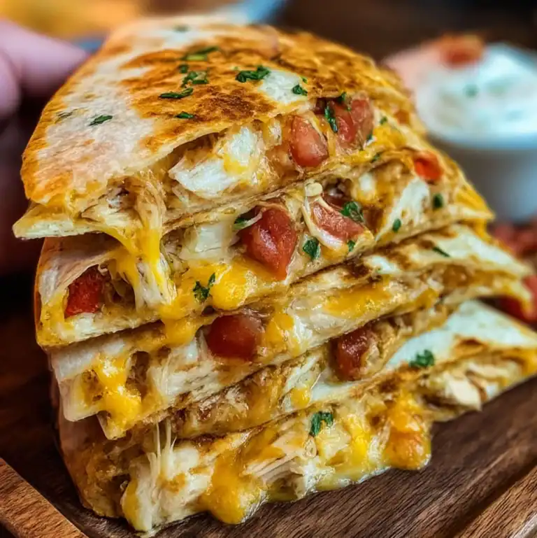 Golden grilled chicken quesadilla with melted cheese and fresh herbs.