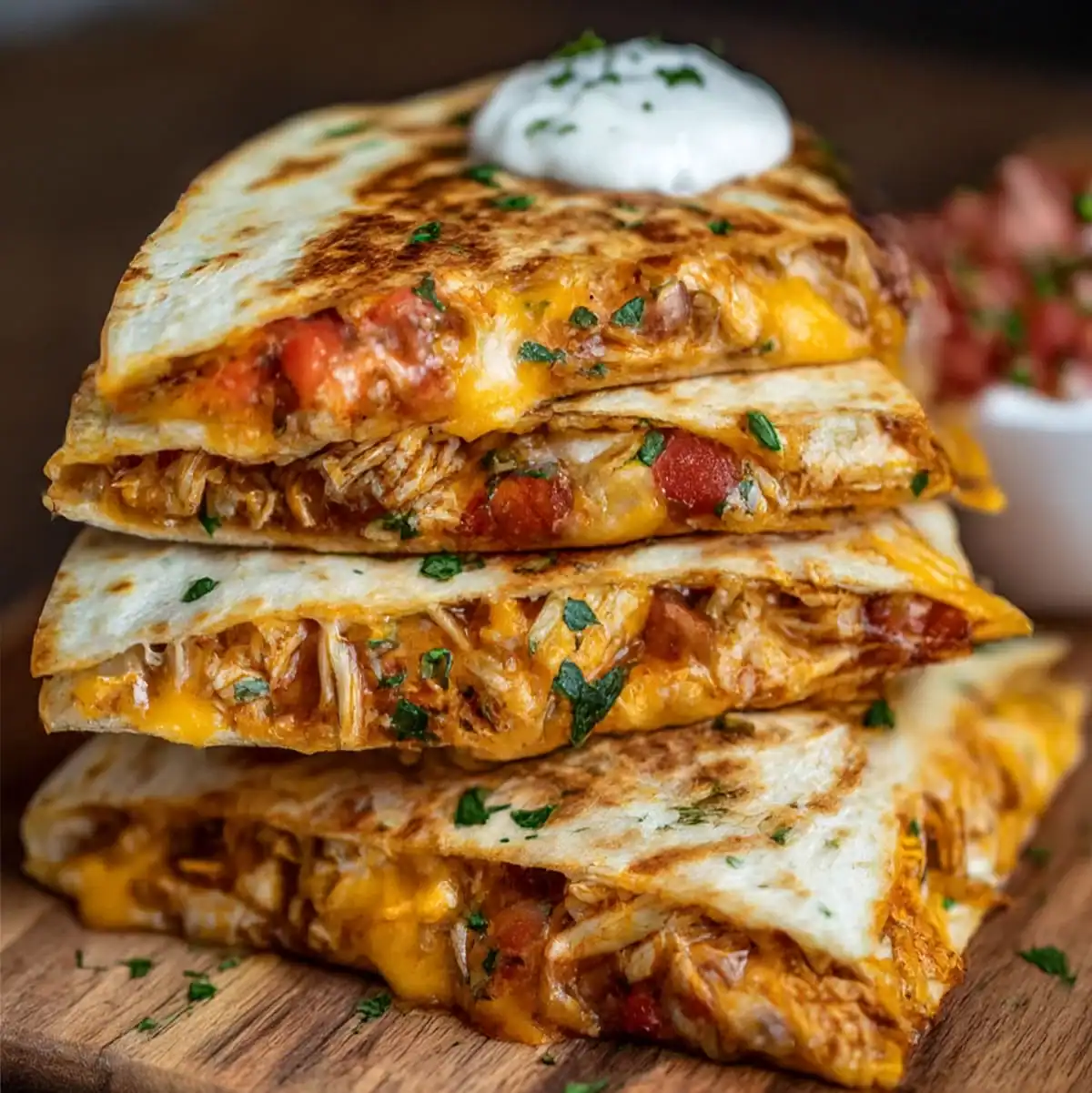 Cheesy Chicken Quesadilla – Ready in 20 Minutes 56 Crispy tortilla quesadilla filled with chicken, cheese, and red peppers.