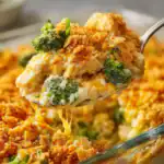 Best Cheesy Chicken Broccoli Rice Casserole 59 Cheesy chicken broccoli rice casserole with golden crispy topping in a glass baking dish.