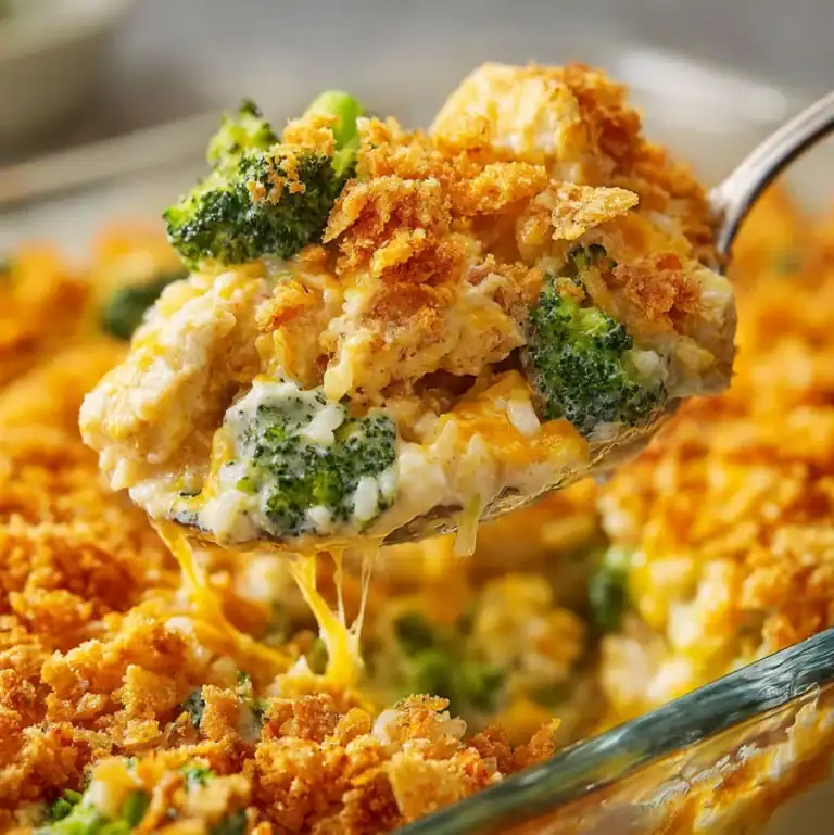 Cheesy chicken broccoli rice casserole with golden crispy topping in a glass baking dish.