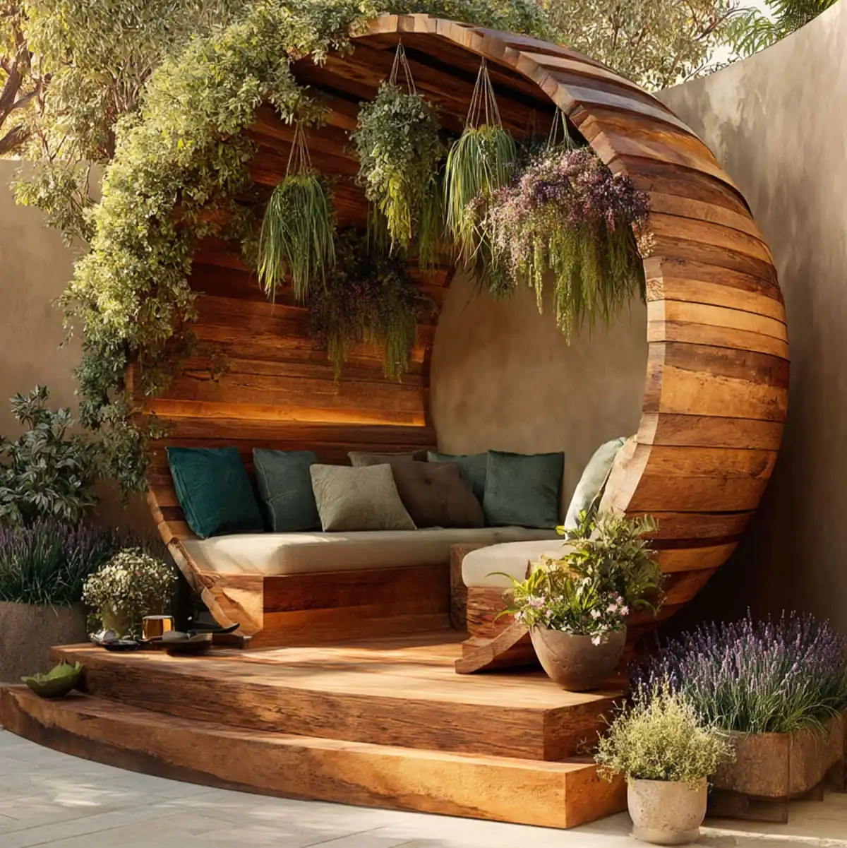 Circular Outdoor Lounge Pod – Backyard Retreat Ideas 1 Circular outdoor lounge pod with natural wood, built-in cushioned seating, and hanging plants in a modern garden retreat.