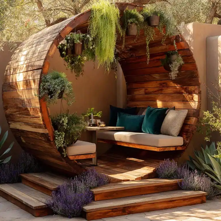 Circular outdoor lounge pod with wooden structure, built-in seating, and hanging greenery in a stylish backyard retreat.