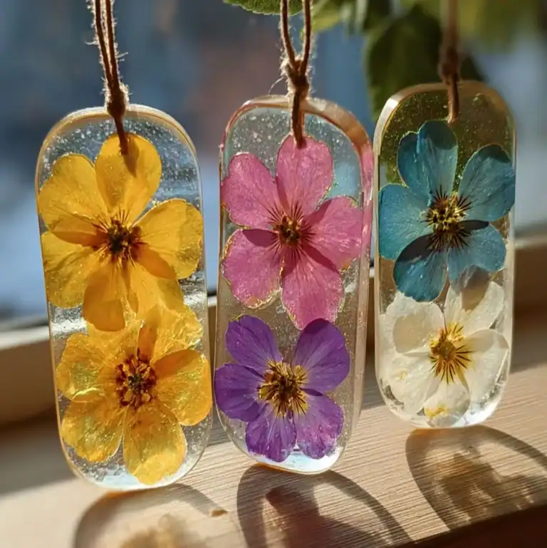 DIY resin pressed flower pendants with real dried yellow, pink, purple, blue, and white flowers preserved in clear epoxy resin.