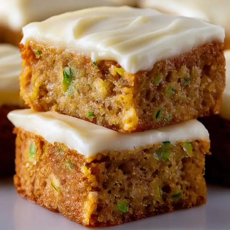 Moist zucchini cake bars with cream cheese frosting, perfect dessert recipe for holidays and parties.