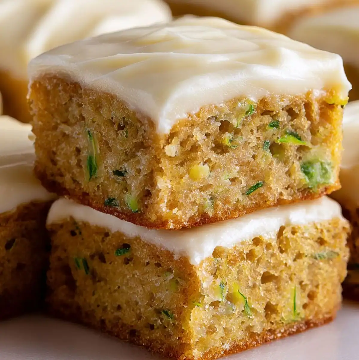 Decadent Zucchini Cake Bars – Easy Dessert Recipe 88 Close-up of homemade zucchini cake bars topped with creamy frosting.