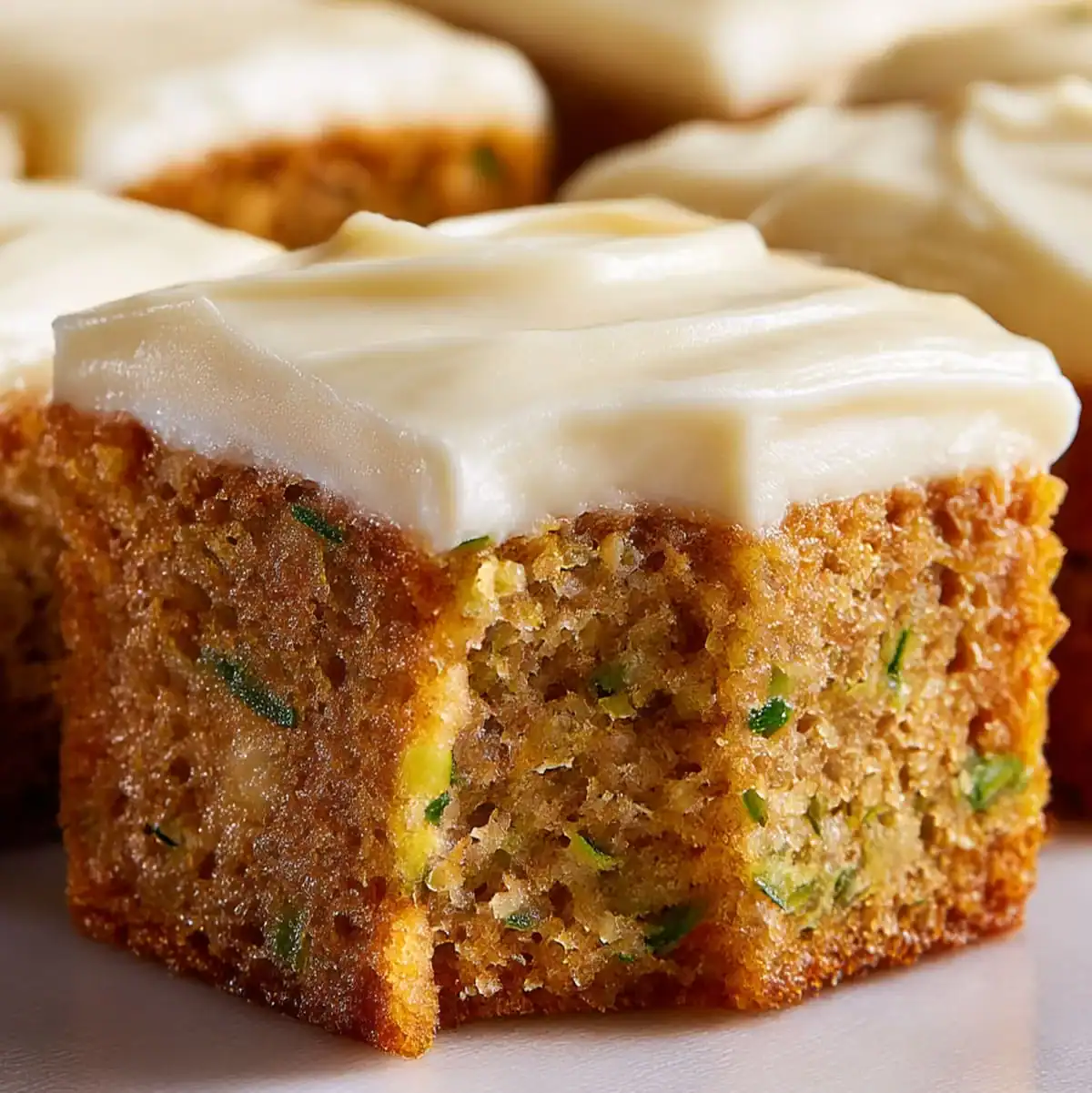 Decadent Zucchini Cake Bars – Easy Dessert Recipe 87 Freshly baked zucchini cake bars stacked with rich cream cheese icing.