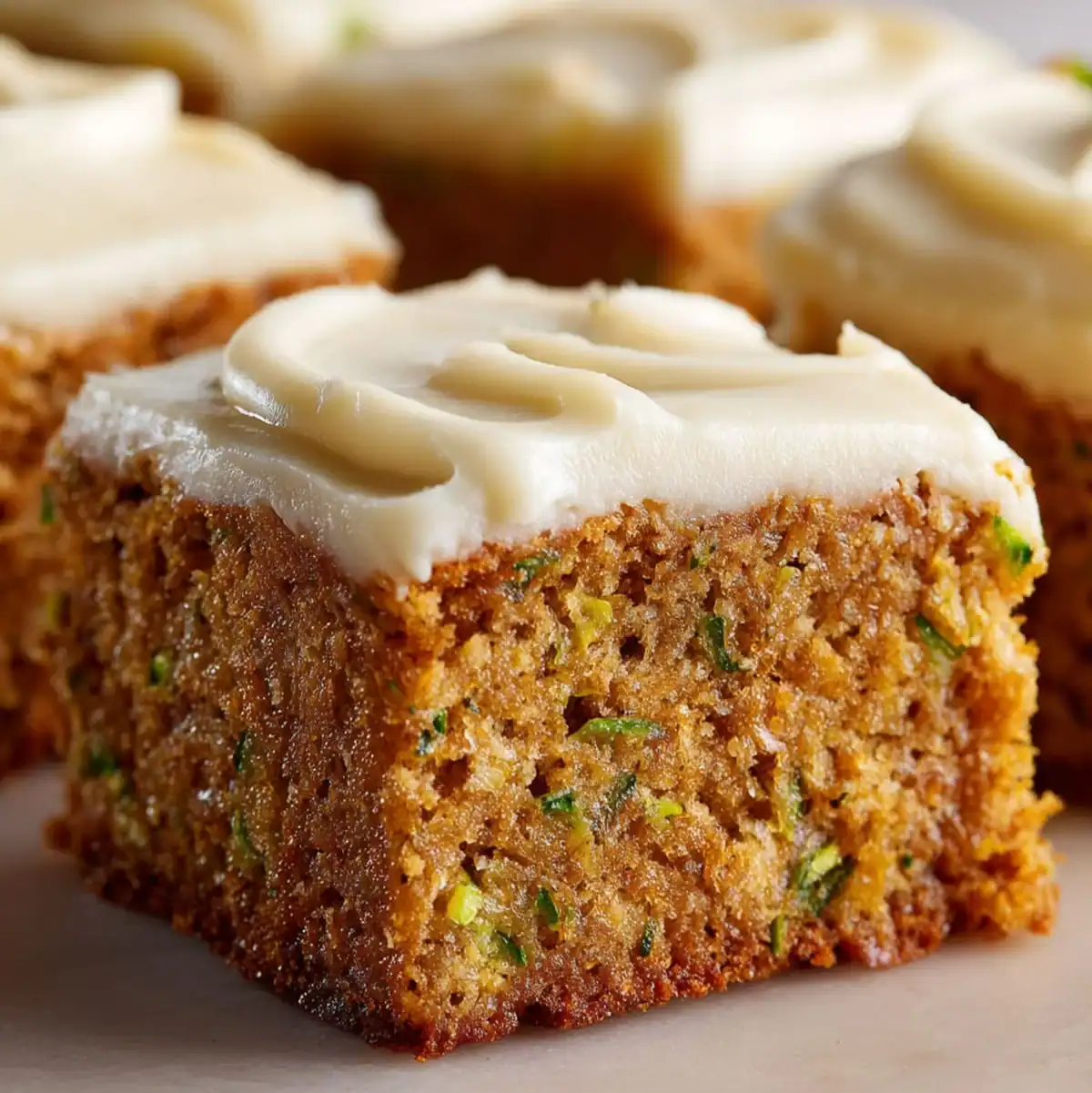Decadent Zucchini Cake Bars – Easy Dessert Recipe 89 Decadent zucchini cake squares with cinnamon spice and cream cheese topping.