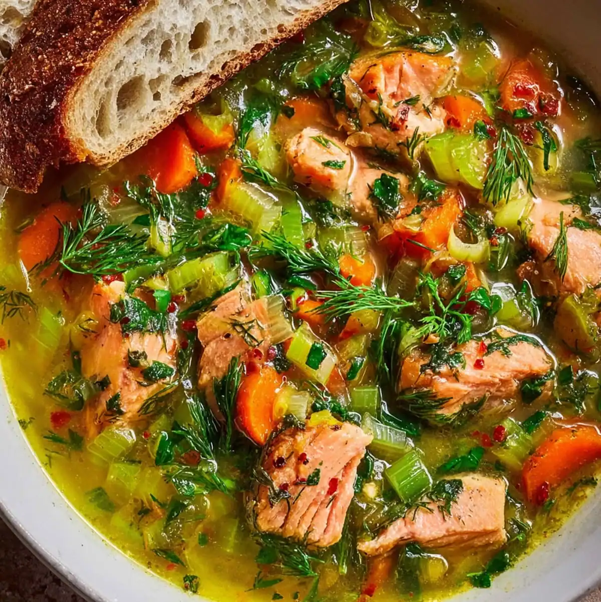 Scandinavian salmon soup with fresh vegetables and dill