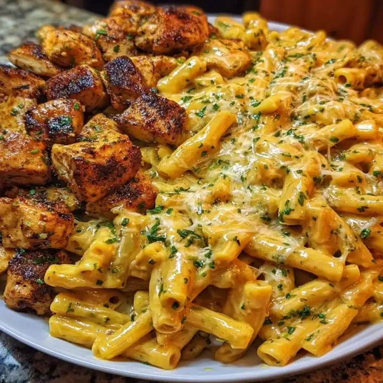 Garlic parmesan chicken pasta with creamy sauce and grilled chicken cubes