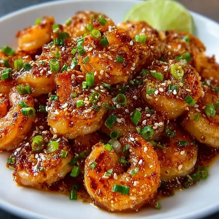 Crispy Bang Bang Shrimp topped with sesame seeds and green onions