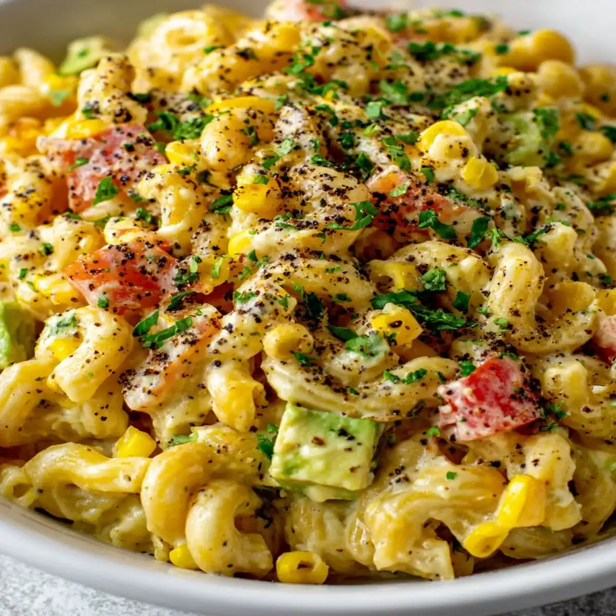 Creamy avocado pasta salad with corn and tomatoes
