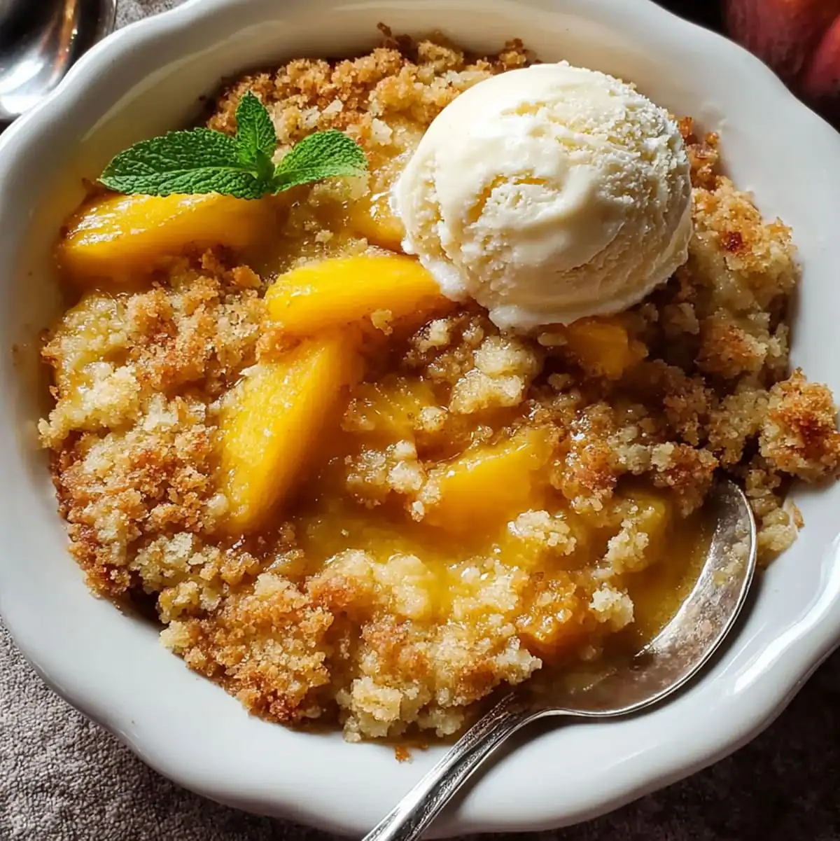 Peach Cobbler Recipe – Easy Summer Dessert Idea 61 Easy homemade peach cobbler served warm in a white bowl