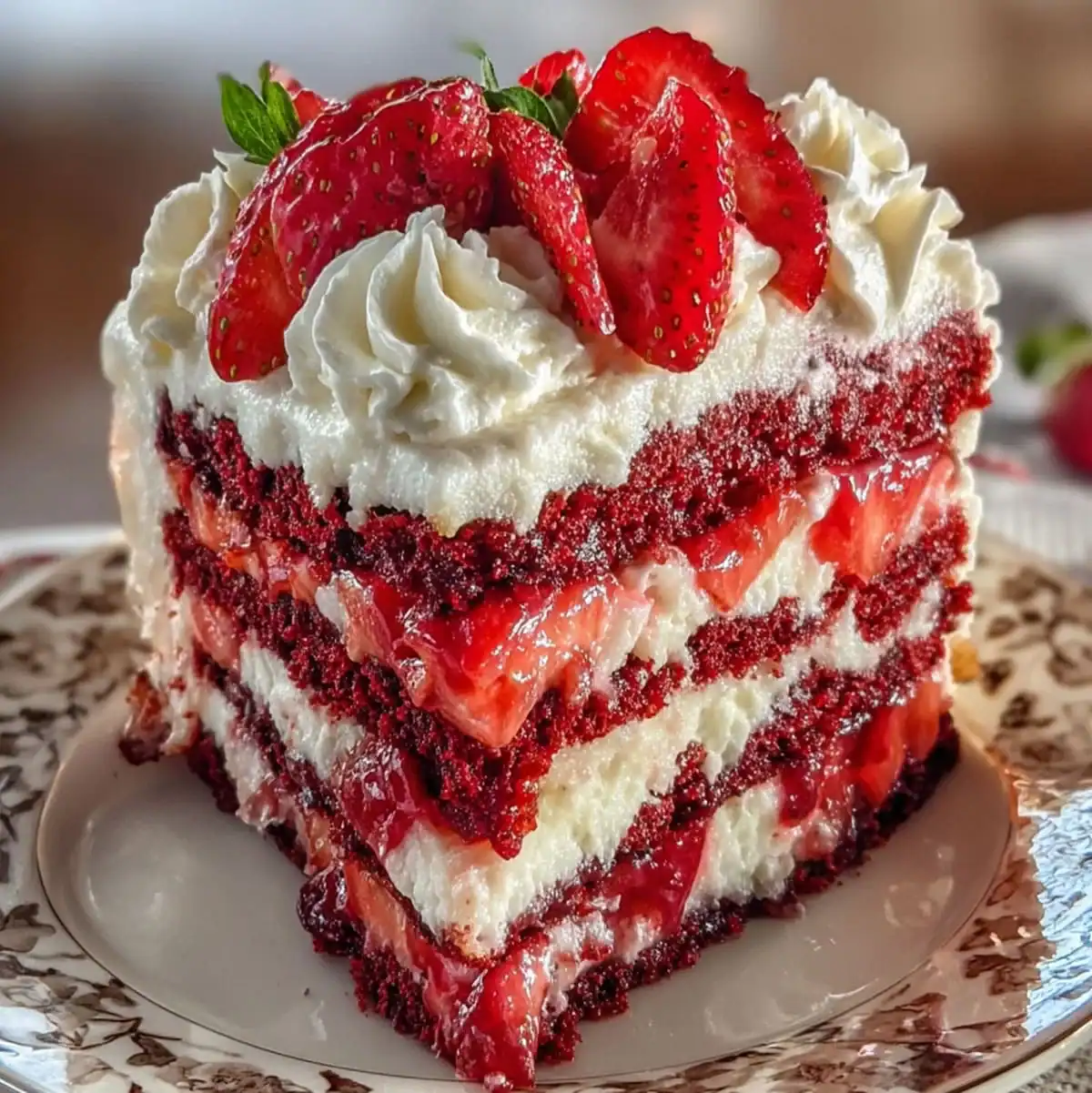 Strawberry Earthquake Cake – Easy Dessert Recipe 59 Red velvet strawberry earthquake cake slice layered with cream cheese frosting and topped with fresh strawberries.